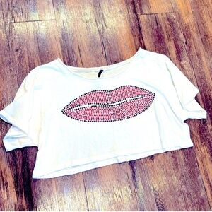 Love Culture Rhinestone Lip Graphic Crop Top White Y2K